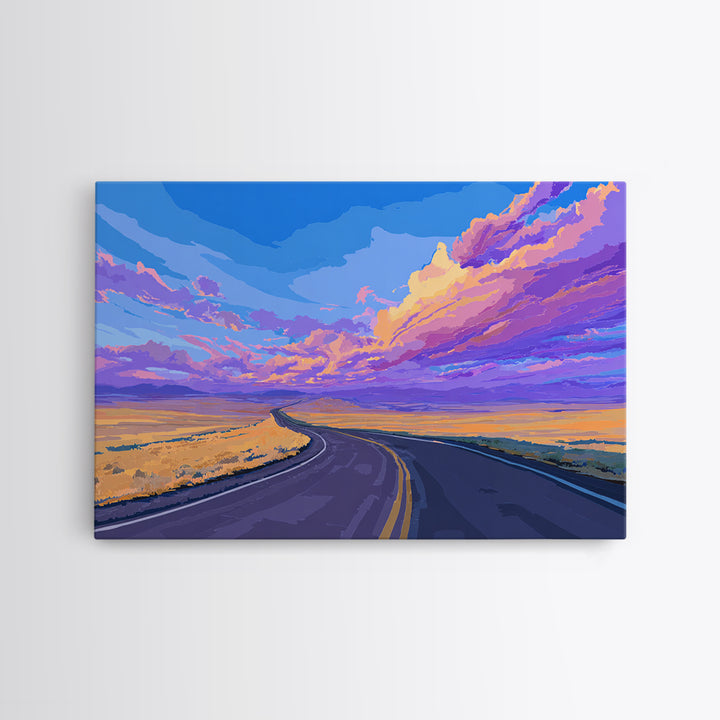 Purple Sunset Open Road Wall Art, Colorful Desert Landscape, Modern Art Print, Retro Poster, Living Room Home Office Decor