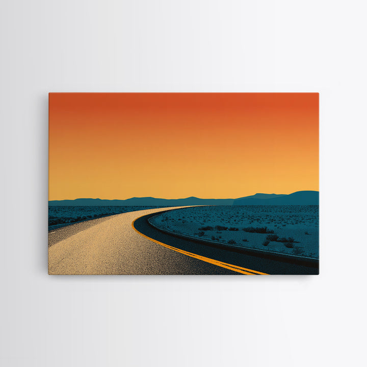 Minimal Desert Road At Orange Dusk Canvas Print, Midcentury Modern Wall Art, Retro Poster, Southwest Home Office Decor Gift