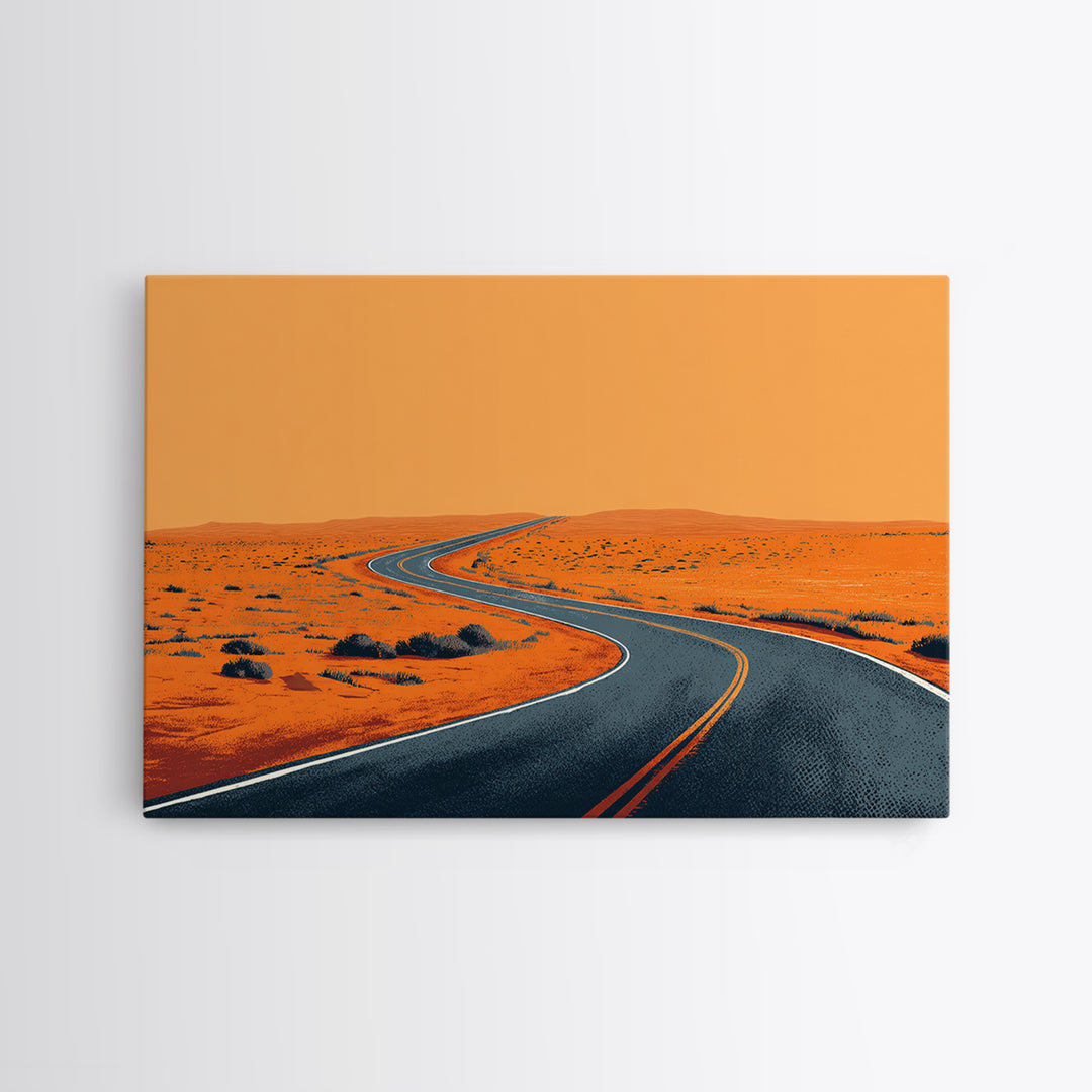 Orange Desert Highway Curve Wall Art, Minimalist Landscape, Midcentury Modern Art Print, Retro Road Poster, Mid Century Decor Gift