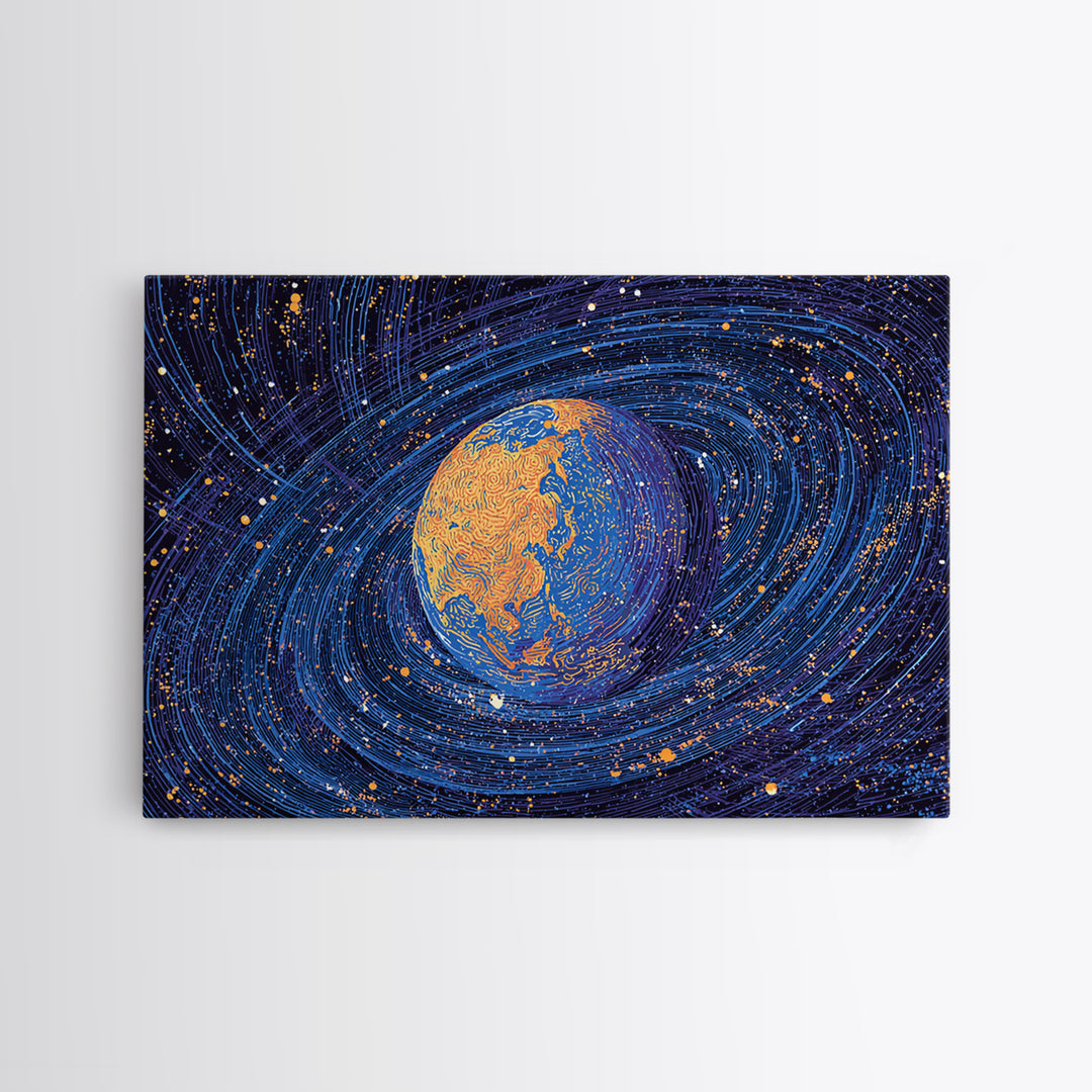 Swirling Blue Orange Planet Wall Art, Cosmic Abstract Space Poster, Modern Digital Art Print, Galaxy Decor, Science Gift