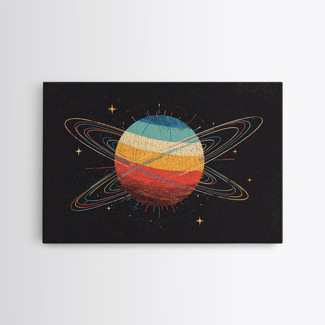 Retro Ringed Planet Canvas Print, Saturn Inspired Space Abstract Art, Midcentury Modern Wall Home Decor, Cosmic Poster Gift