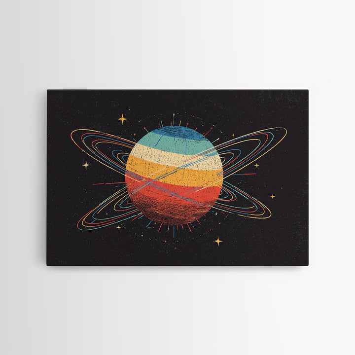Retro Ringed Planet Canvas Print, Saturn Inspired Space Abstract Art, Midcentury Modern Wall Home Decor, Cosmic Poster Gift