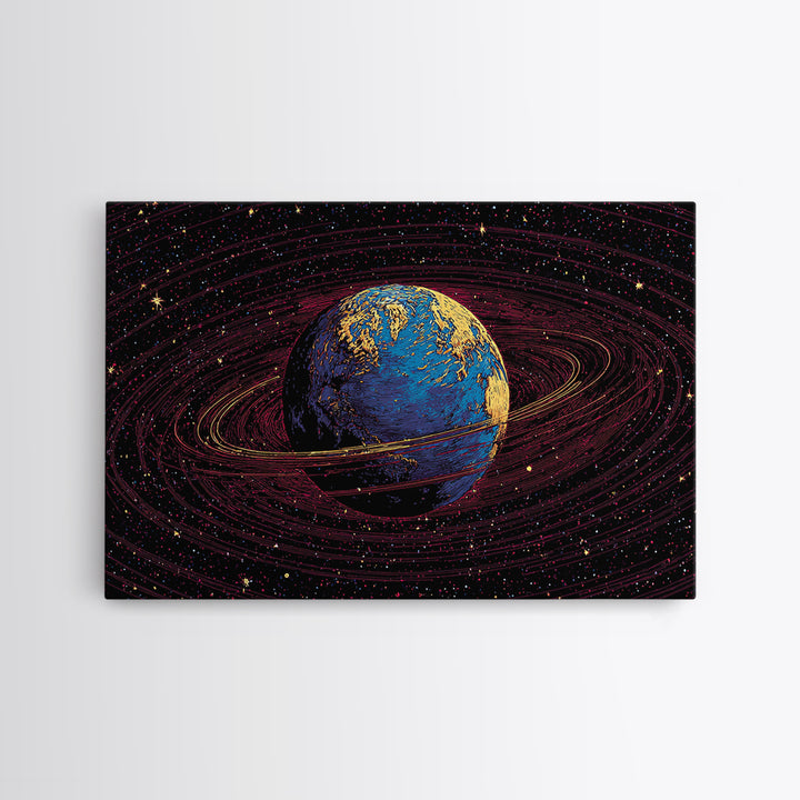 Blue Earth With Golden Rings Wall Art, Cosmic Abstract Space Poster, Modern Digital Art Print, Galaxy Home Office Decor Gift