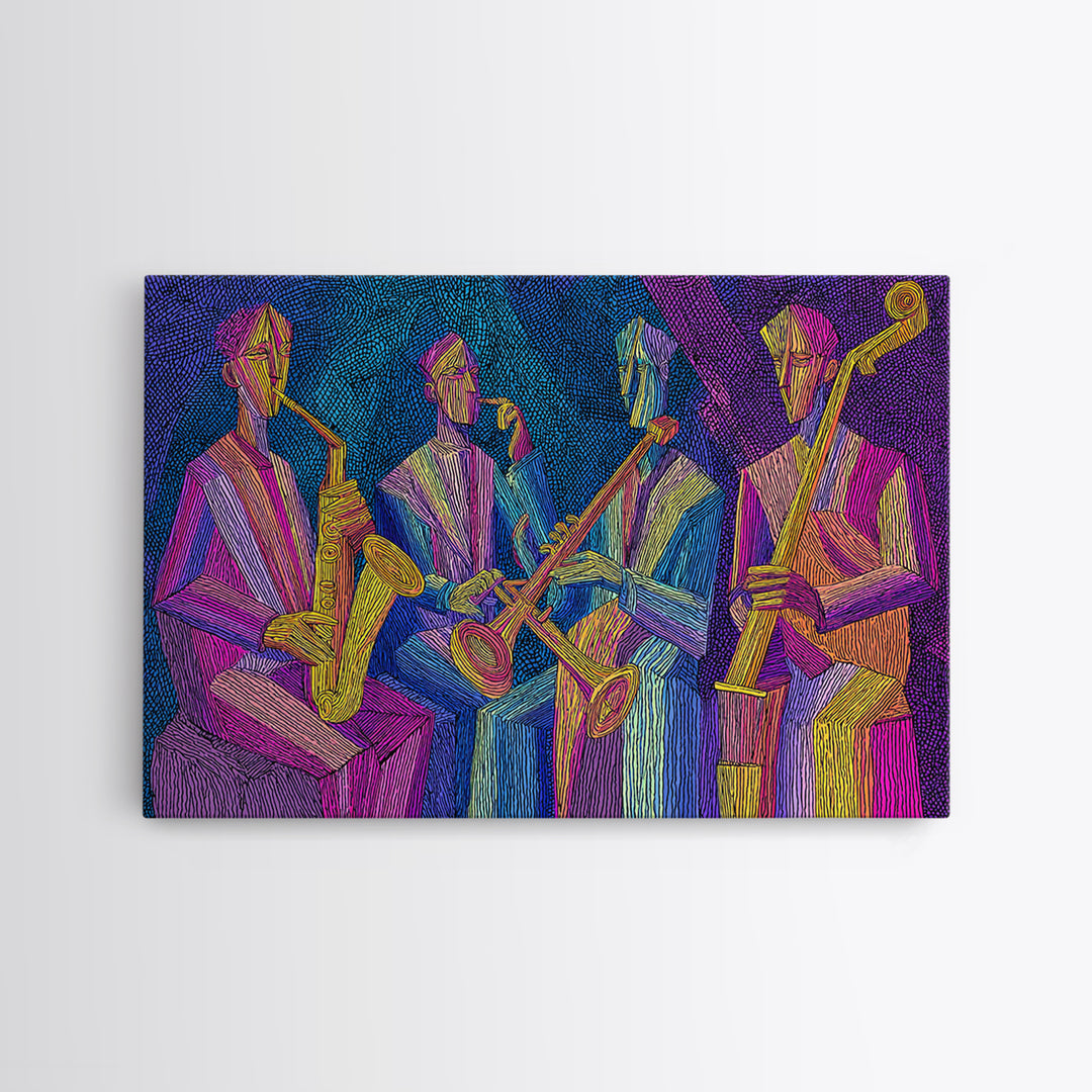 Neon Jazz Quartet With Saxophones And Upright Bass Canvas Print, Midcentury Modern Art, Colorful Retro Music Room Decor, Poster