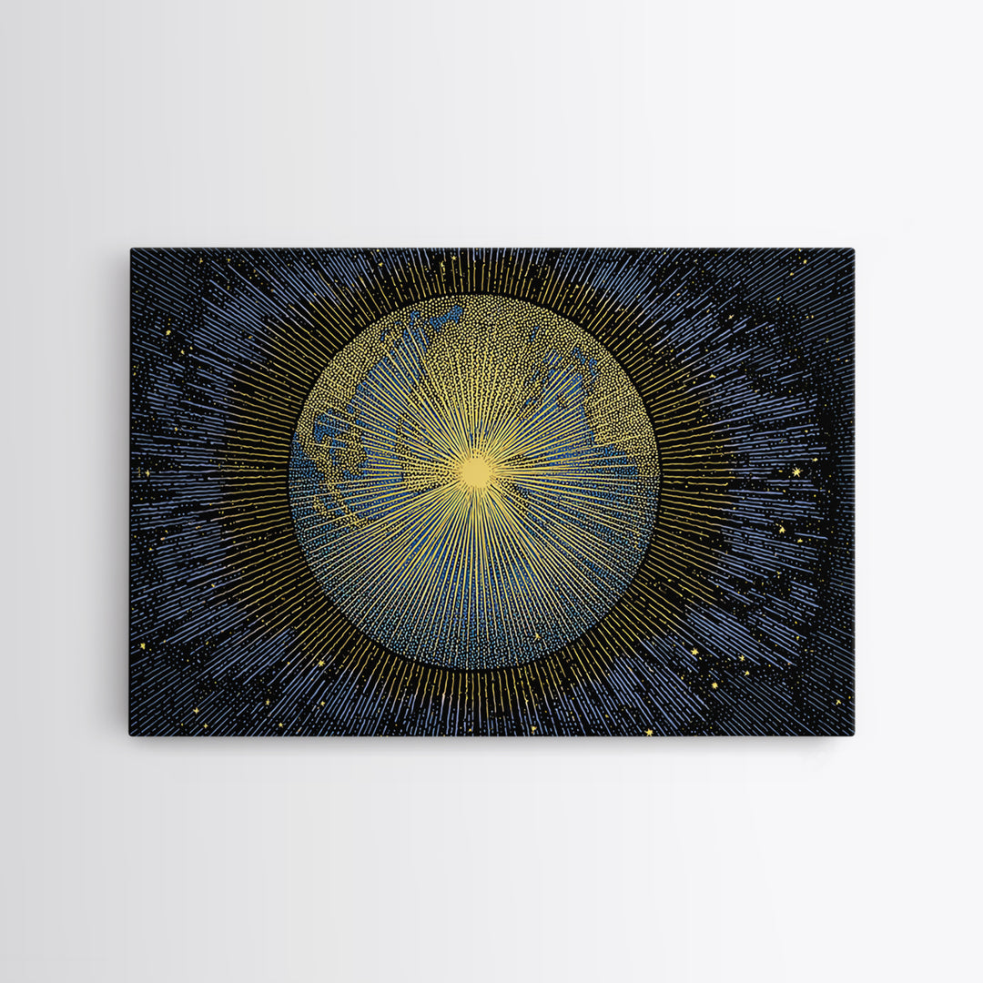 Golden Radiant Sun Planet Canvas Print, Cosmic Space Abstract Art, Midcentury Modern Wall Home Decor, Celestial Poster Gift