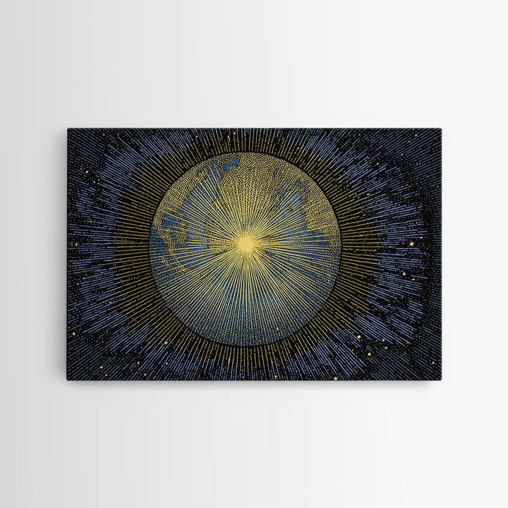 Golden Radiant Sun Planet Canvas Print, Cosmic Space Abstract Art, Midcentury Modern Wall Home Decor, Celestial Poster Gift