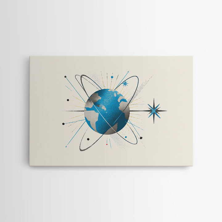 Atomic Blue Globe And Orbit Stars Wall Art, Midcentury Modern Space Poster, Retro Science Print, Cosmic Office Decor For MCM Home