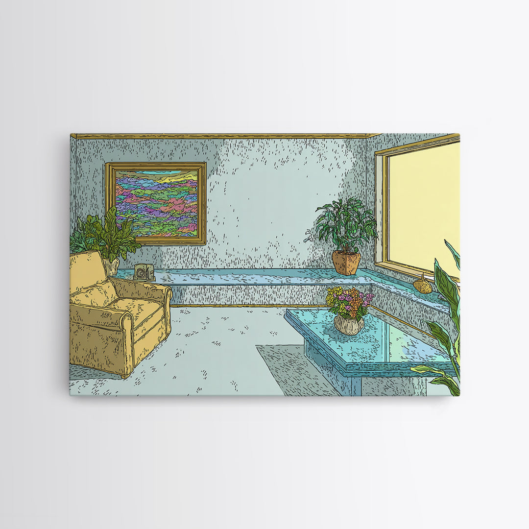 Pastel Aqua Living Room With Yellow Chair Canvas Print, Midcentury Modern Wall Decor, Retro Interior Poster For Home Office