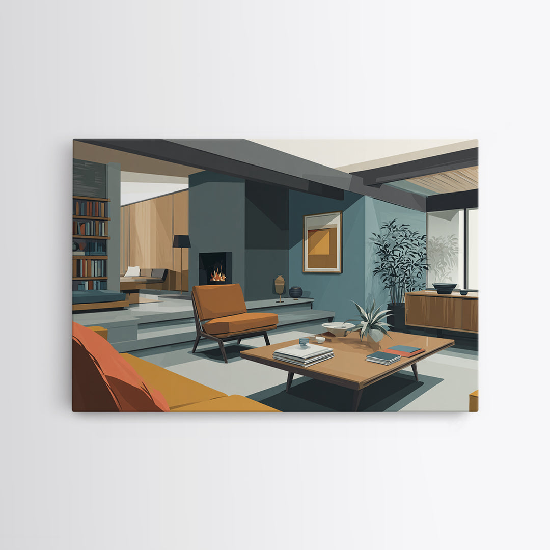 Teal Fireplace Living Room With Orange Sofa Framed Canvas Print, Midcentury Modern Wall Art, Retro MCM Home Decor, Office Poster