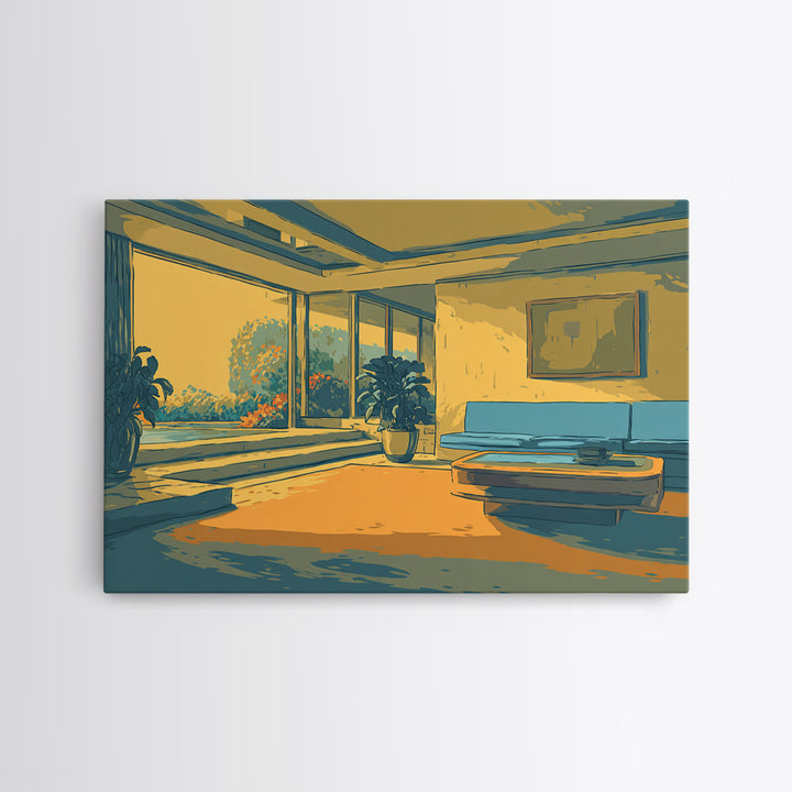 Sunlit Yellow And Teal Lounge With Plants Canvas Print, Midcentury Modern Wall Art, Retro Interior Decor For Living Room