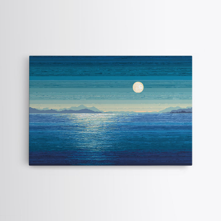 Blue Moon Over Ocean And Distant Mountains Wall Art, Coastal Landscape Print, Modern Home Decor, Serene Bedroom Poster Gift