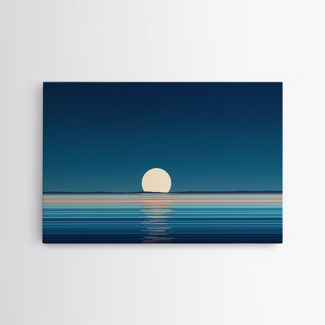 Minimal Full Moon Rising Over Calm Blue Sea Canvas Print, Modern Coastal Wall Art, Serene Ocean Poster For Bedroom Decor