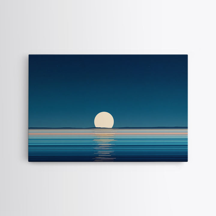 Minimal Full Moon Rising Over Calm Blue Sea Canvas Print, Modern Coastal Wall Art, Serene Ocean Poster For Bedroom Decor