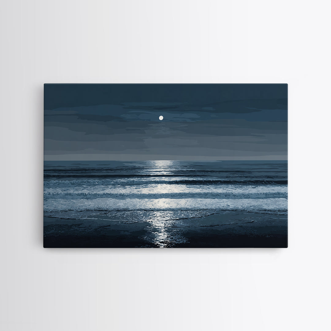 Moonlit Waves And Silver Reflection Framed Canvas Print, Blue Ocean Wall Art, Modern Coastal Bedroom Decor, Seascape Poster