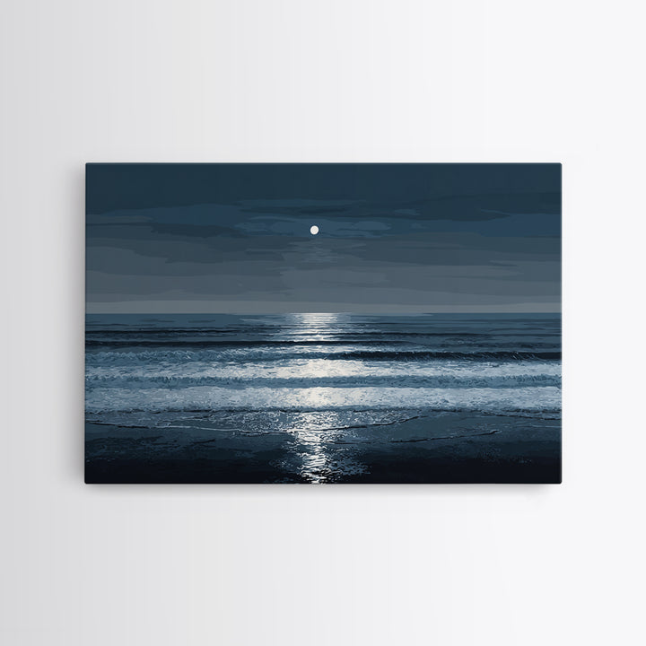 Moonlit Waves And Silver Reflection Framed Canvas Print, Blue Ocean Wall Art, Modern Coastal Bedroom Decor, Seascape Poster