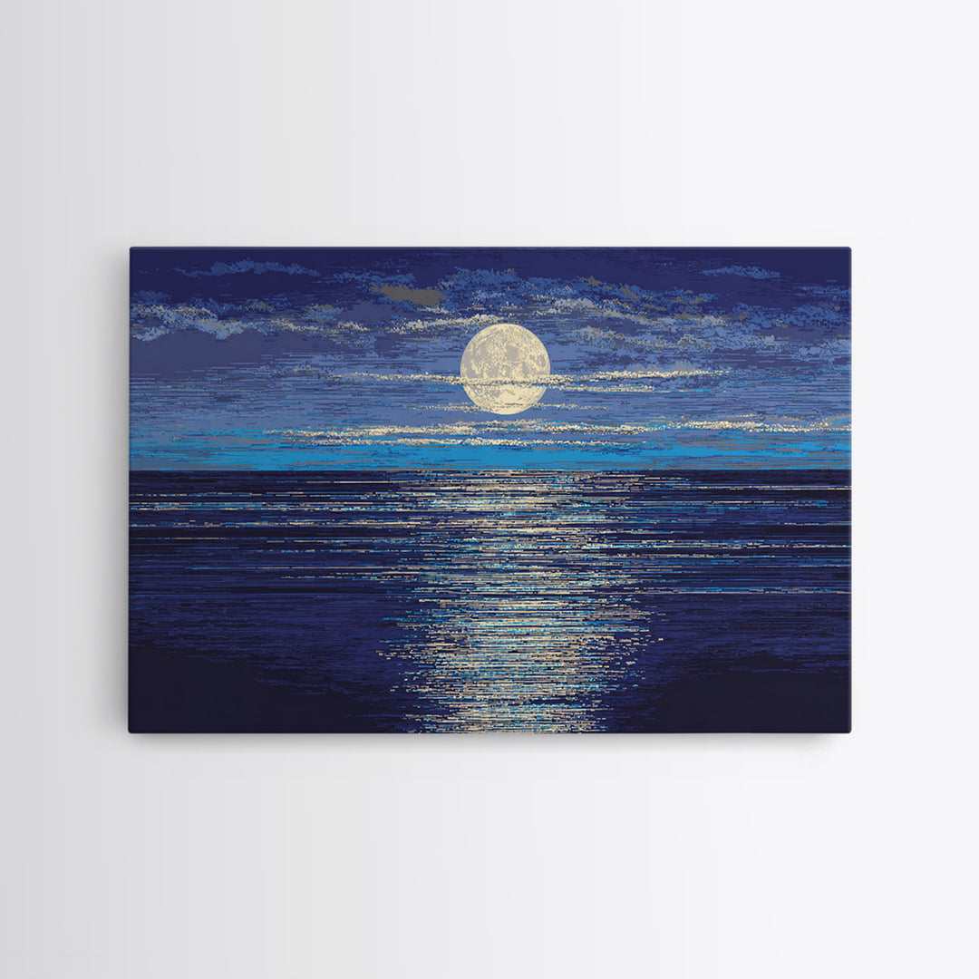 Full Moon Over Deep Blue Water With Glow Wall Art, Modern Coastal Seascape Print, Textured Ocean Decor For Bedroom And Living Room