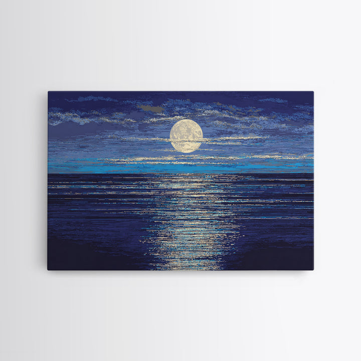 Full Moon Over Deep Blue Water With Glow Wall Art, Modern Coastal Seascape Print, Textured Ocean Decor For Bedroom And Living Room