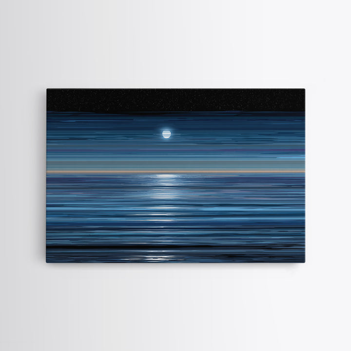 Starry Night Moon Above Blue Horizon Canvas Print, Modern Coastal Wall Art, Minimal Ocean Poster For Bedroom And Living Room Decor