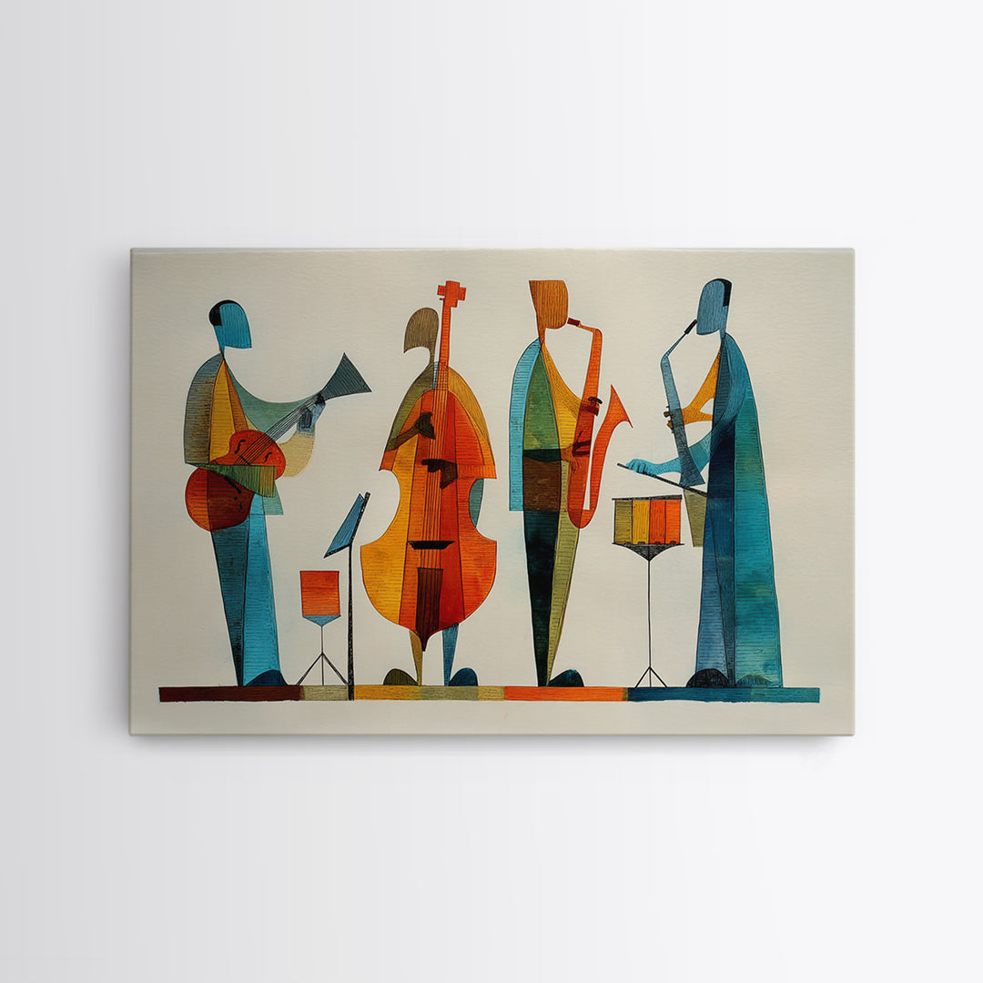 Minimalist Woodcut Jazz Band With Bass And Drums Framed Canvas Print, Midcentury Modern Wall Art, Scandinavian MCM Decor