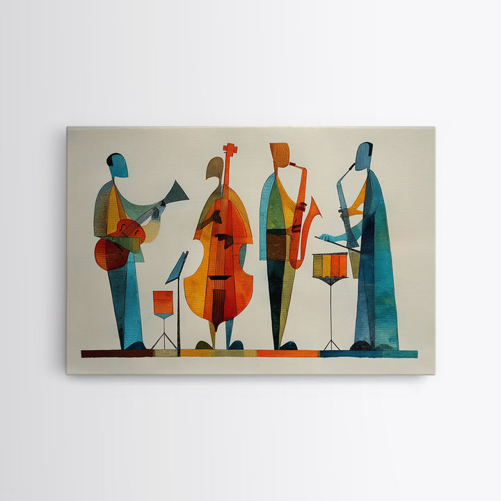 Minimalist Woodcut Jazz Band With Bass And Drums Framed Canvas Print, Midcentury Modern Wall Art, Scandinavian MCM Decor