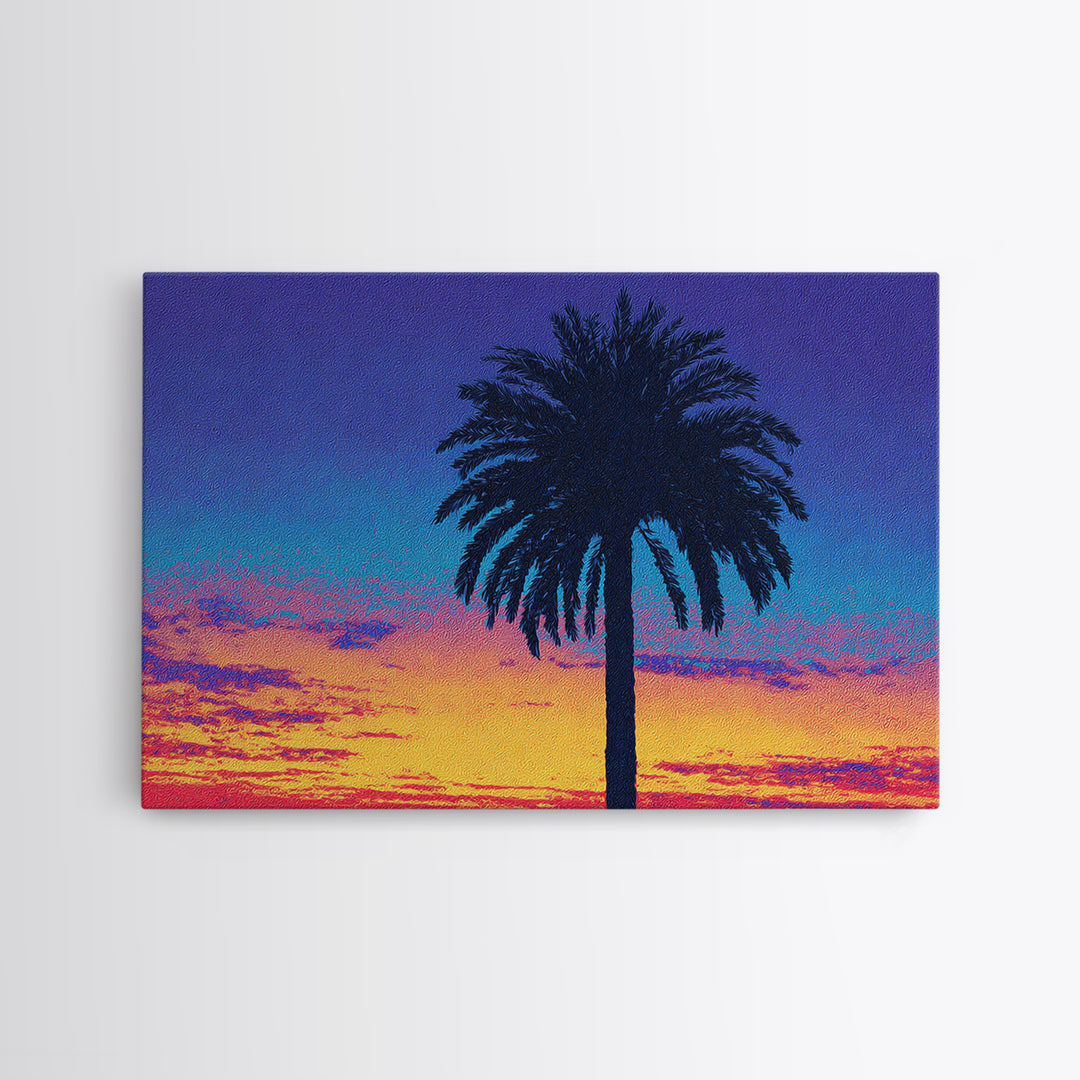 Palm Tree Silhouette At Purple Orange Sunset Wall Art, Retro Tropical Poster, Midcentury Modern Coastal Home Decor, Palm Springs