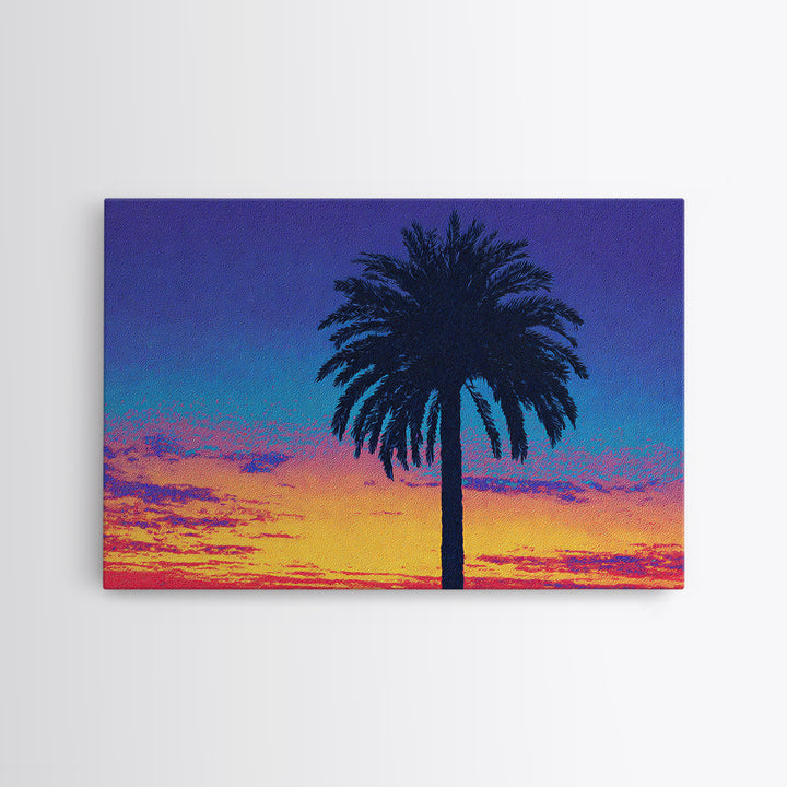 Palm Tree Silhouette At Purple Orange Sunset Wall Art, Retro Tropical Poster, Midcentury Modern Coastal Home Decor, Palm Springs