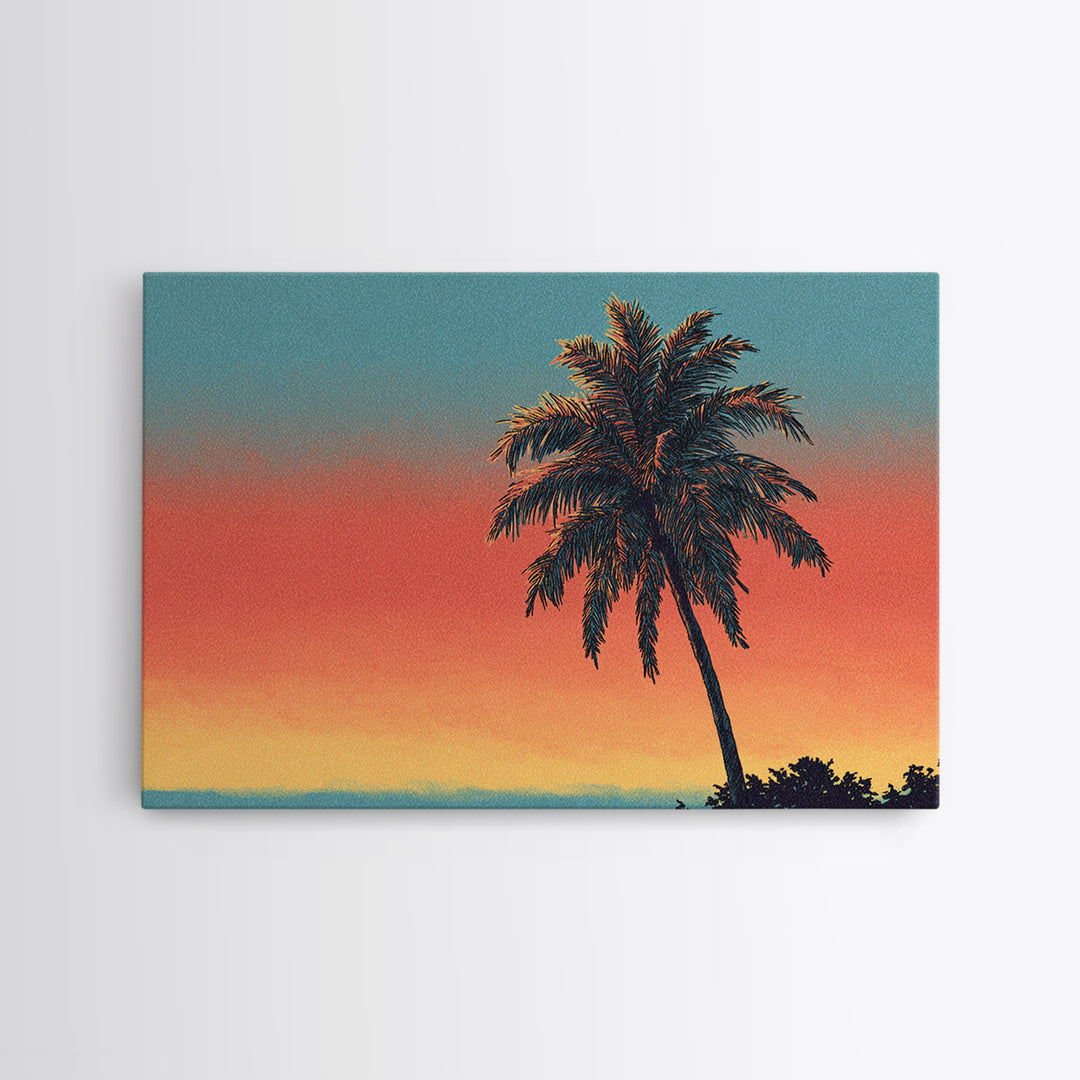 Textured Palm Sunset Wall Art, Retro Tropical Canvas Print, Midcentury Modern Decor, California Poster, Coastal Home Decor