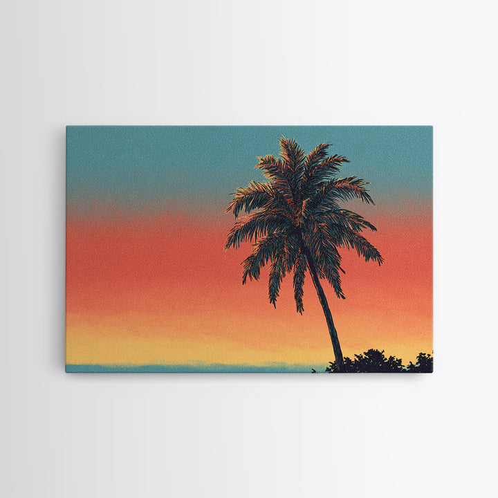Textured Palm Sunset Wall Art, Retro Tropical Canvas Print, Midcentury Modern Decor, California Poster, Coastal Home Decor