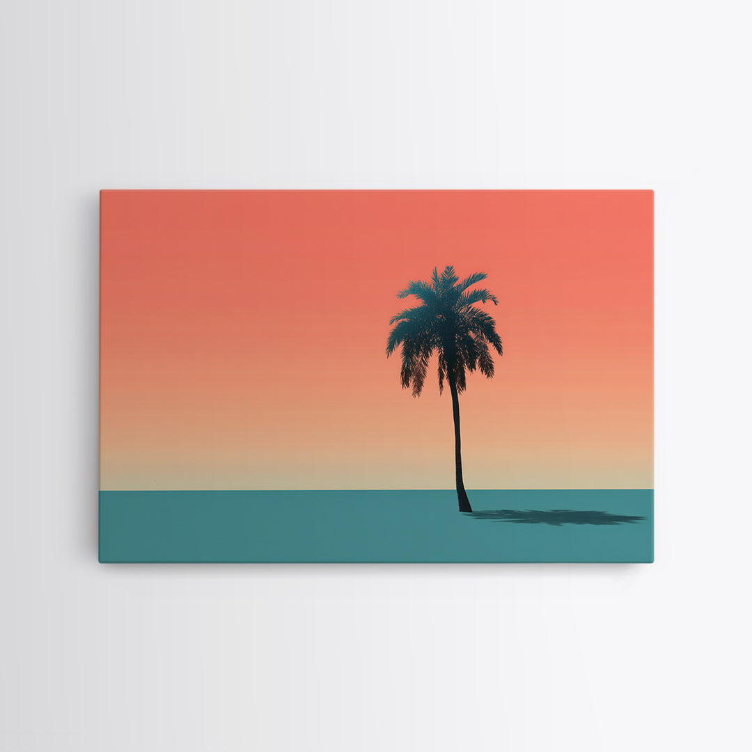 Minimal Palm Tree Shadow Wall Art, Modern Tropical Canvas Print, Teal Orange Sunset Decor, Palm Springs Home Art, Retro Wall Decor