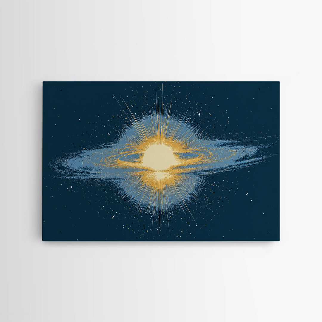 Glowing Galaxy Ring Wall Art, Cosmic Abstract Canvas Print, Space Poster, Modern Digital Art, Blue Gold Star Decor, Sci Fi Wall Art