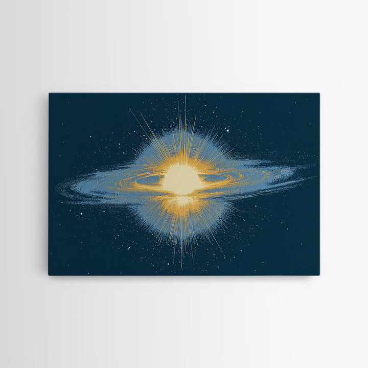 Glowing Galaxy Ring Wall Art, Cosmic Abstract Canvas Print, Space Poster, Modern Digital Art, Blue Gold Star Decor, Sci Fi Wall Art