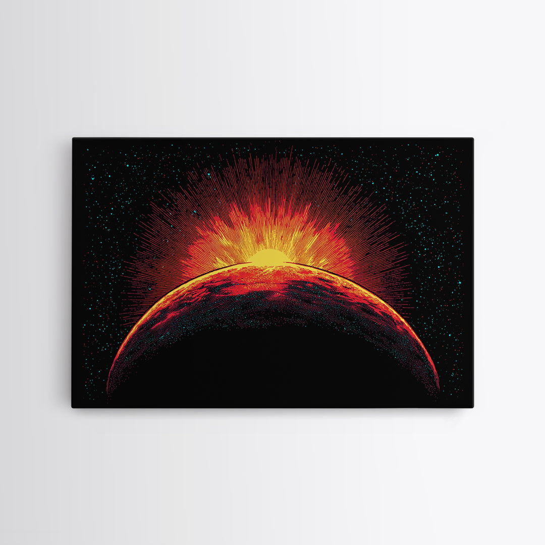 Fiery Red Planet Sunrise Wall Art, Retro Sci Fi Canvas Print, Cosmic Space Poster, Orange Black Modern Home Decor, Art Print