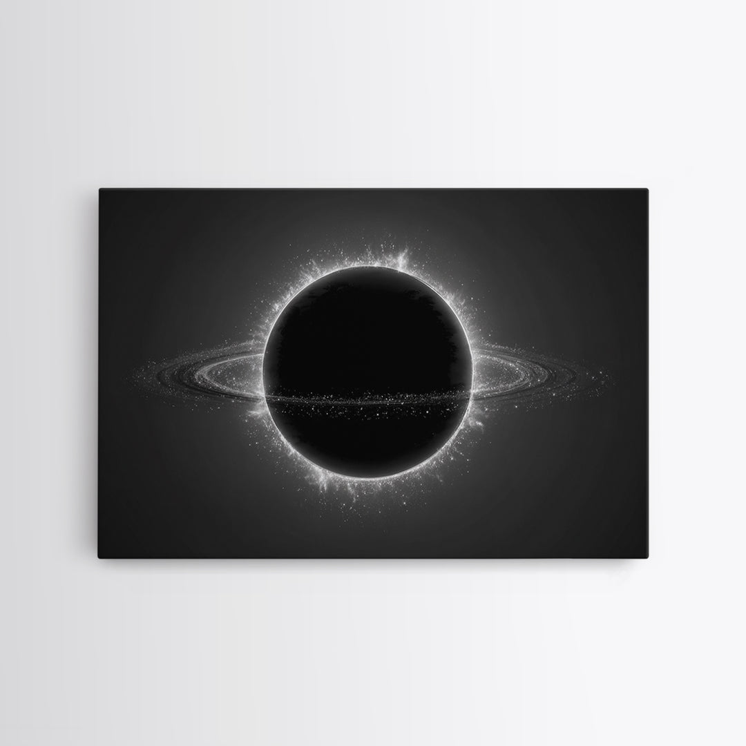 Black Eclipse Ringed Planet Wall Art, Monochrome Space Canvas Print, Modern Abstract Art, Sci Fi Home Office Decor, Poster