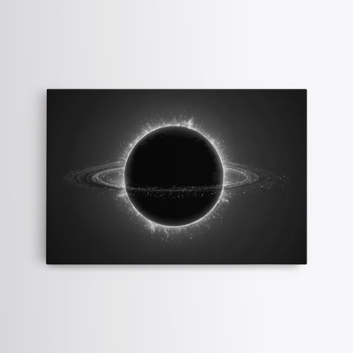 Black Eclipse Ringed Planet Wall Art, Monochrome Space Canvas Print, Modern Abstract Art, Sci Fi Home Office Decor, Poster