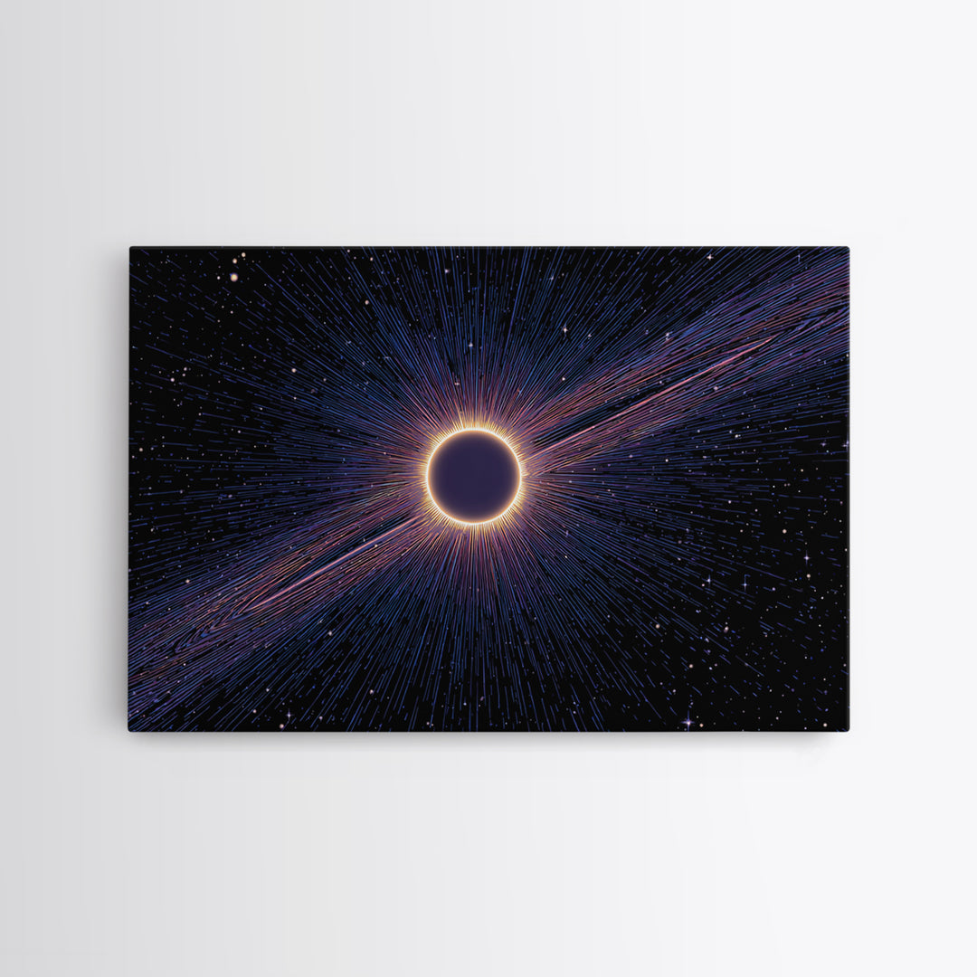 Radiant Solar Eclipse Wall Art, Cosmic Starburst Canvas Print, Space Abstract Poster, Modern Sci Fi Galaxy Decor, Blue Wall Art