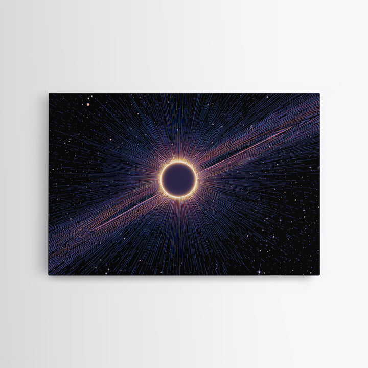 Radiant Solar Eclipse Wall Art, Cosmic Starburst Canvas Print, Space Abstract Poster, Modern Sci Fi Galaxy Decor, Blue Wall Art