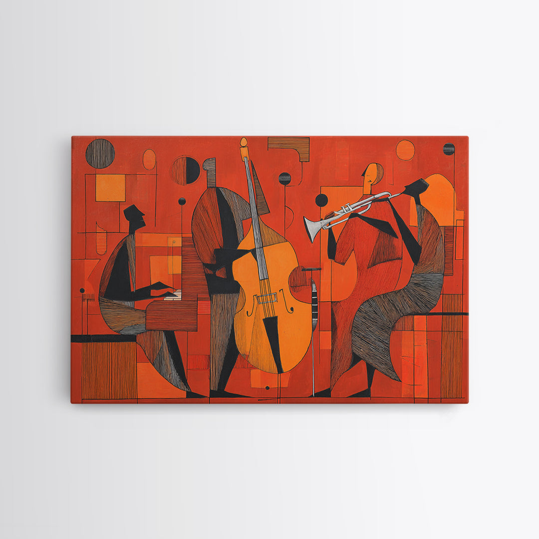 Orange Cubist Jazz Trio With Piano Bass And Trumpet Wall Art, Midcentury Modern Art Print, Atomic Music Room Retro Decor