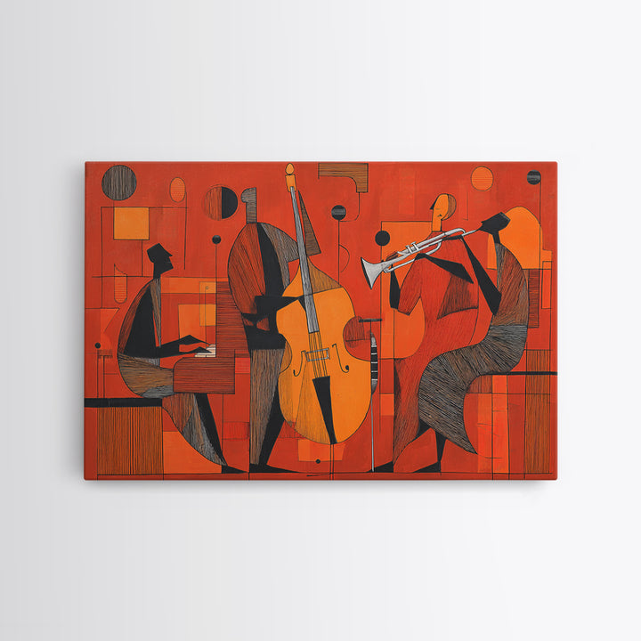 Orange Cubist Jazz Trio With Piano Bass And Trumpet Wall Art, Midcentury Modern Art Print, Atomic Music Room Retro Decor