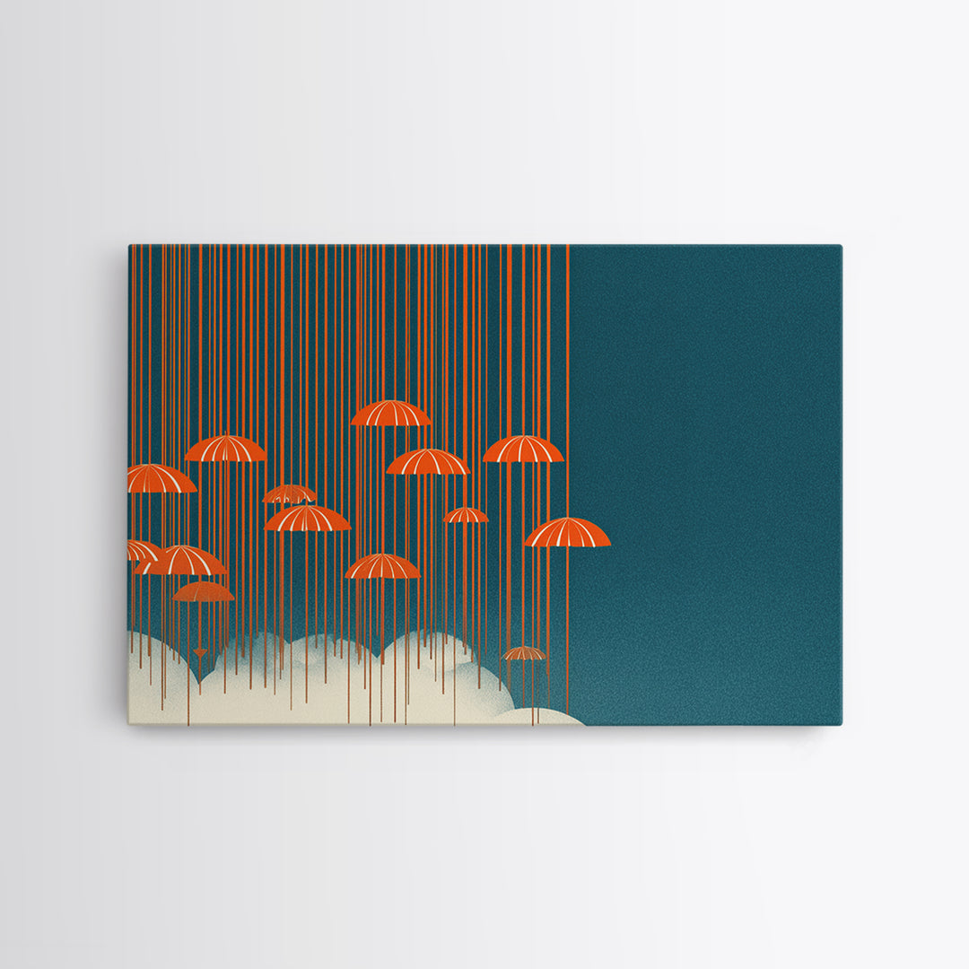 Orange Umbrella Rainfall Canvas Print, Teal Sky Cloudscape Wall Decor, Midcentury Modern Art, Retro Graphic Poster For Living Room