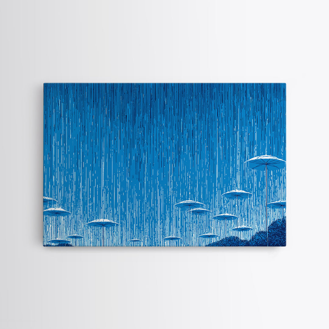 Blue Monsoon Umbrella Rain Wall Art, White Parasol Storm Scene, Modern Abstract Art Print, Coastal Bedroom Wall Decor Poster