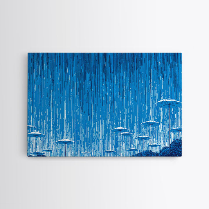 Blue Monsoon Umbrella Rain Wall Art, White Parasol Storm Scene, Modern Abstract Art Print, Coastal Bedroom Wall Decor Poster
