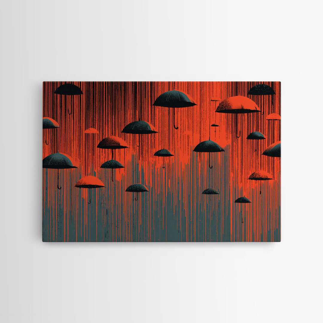 Red And Black Umbrella Storm Framed Canvas Print, Dramatic Rain Wall Art, Modern Abstract Poster, Bold MCM Wall Decor Print