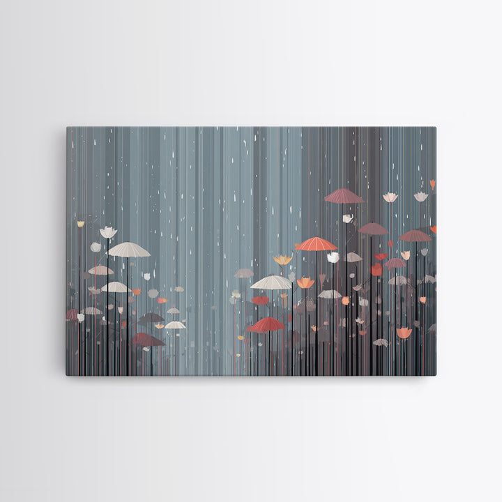 Soft Gray Floral Umbrella Rain Wall Art, Moody Botanical Storm Scene, Modern Home Decor, Bedroom Framed Canvas Print Poster
