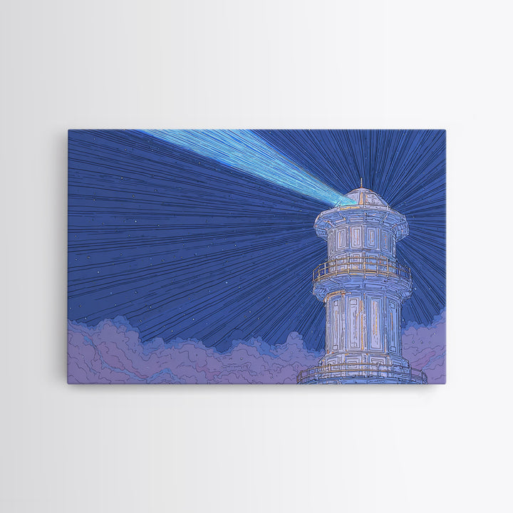 Blue Lighthouse Beam Framed Canvas Print, Coastal Night Sky Wall Art, Nautical Modern Poster, Scenic Ocean Home Decor Print