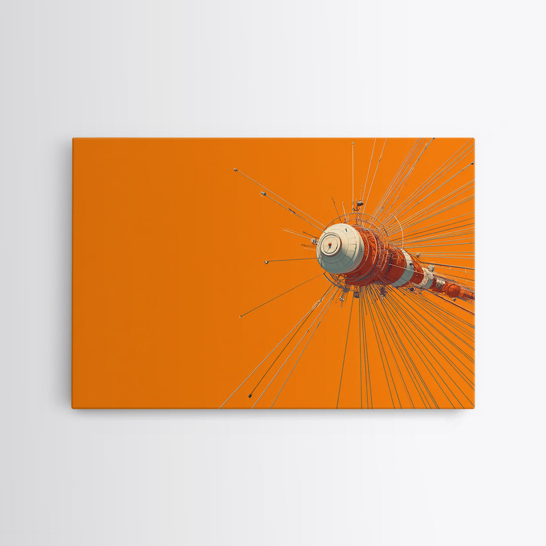 Orange Retro Space Satellite Canvas Print, Sputnik Inspired Antenna Wall Art, Modern Sci Fi Poster, Midcentury Decor Gift