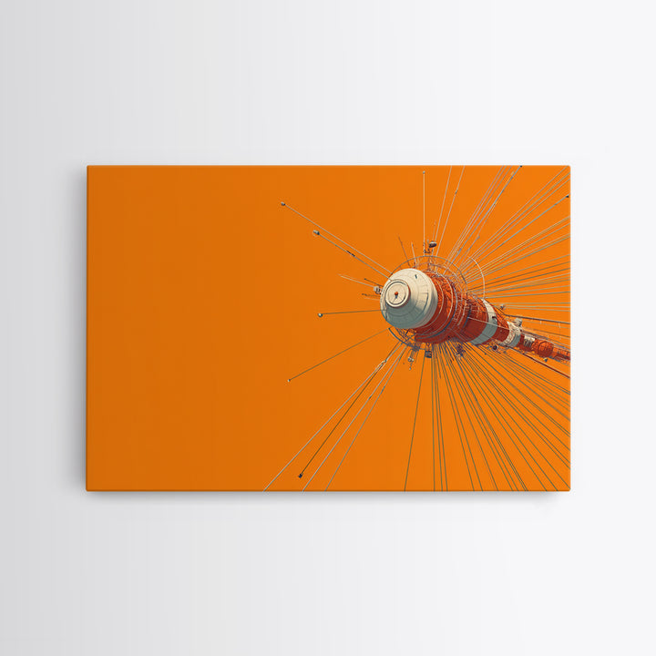 Orange Retro Space Satellite Canvas Print, Sputnik Inspired Antenna Wall Art, Modern Sci Fi Poster, Midcentury Decor Gift