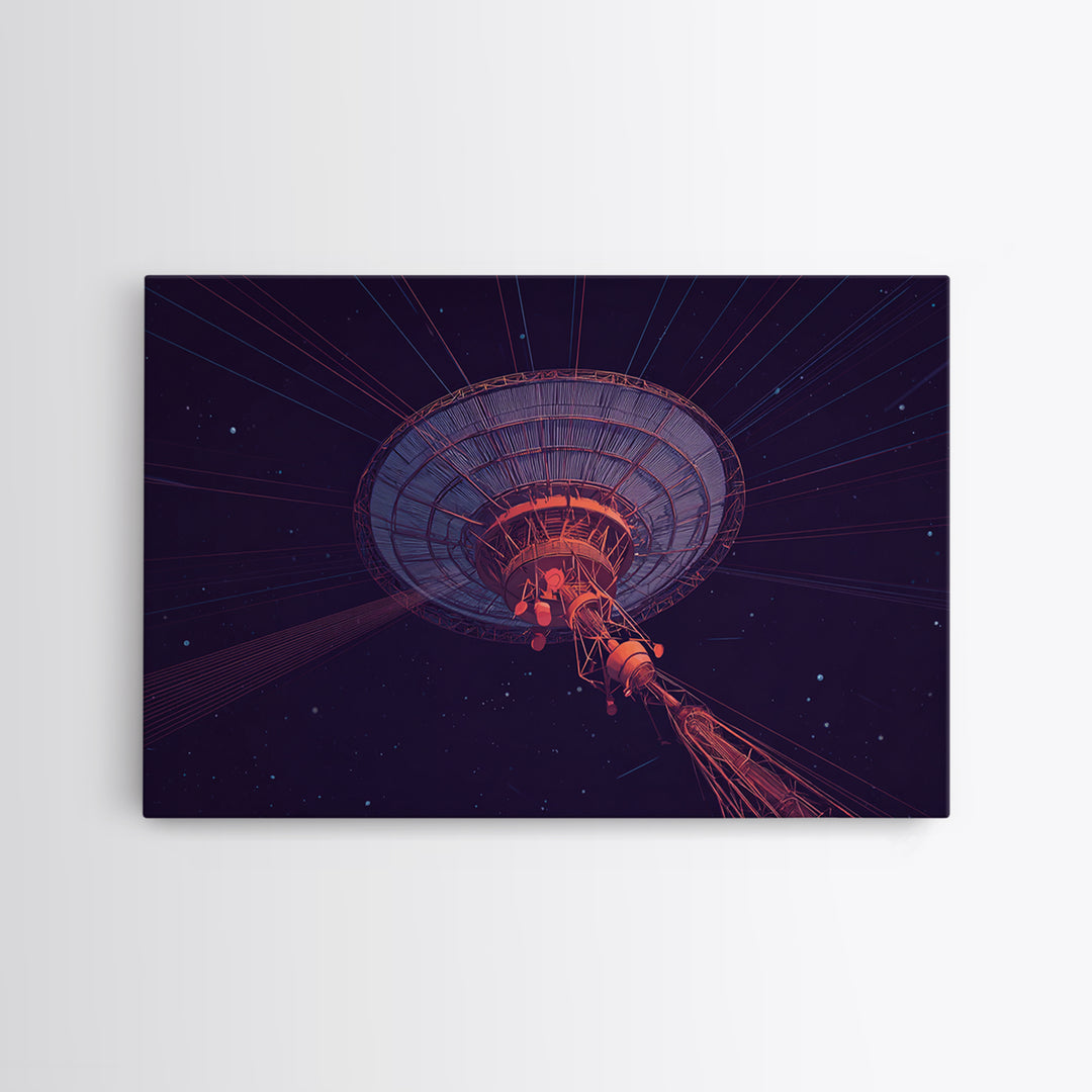 Deep Space Radio Telescope Wall Art, Purple Starry Observatory Dish, Retro Sci Fi Poster, Modern Abstract Canvas Print Decor