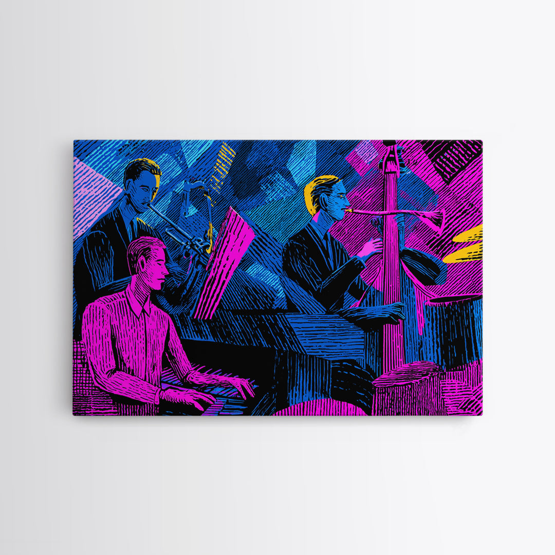 Electric Blue Magenta Jazz Club Trio Wall Art, Midcentury Modern Art Print, Neon Retro Piano Bass Music Room Decor, Poster