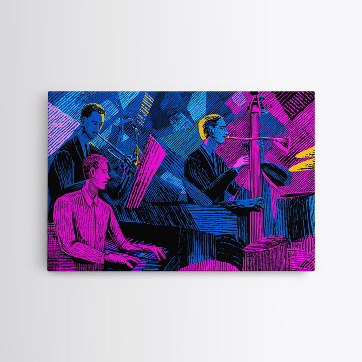 Electric Blue Magenta Jazz Club Trio Wall Art, Midcentury Modern Art Print, Neon Retro Piano Bass Music Room Decor, Poster