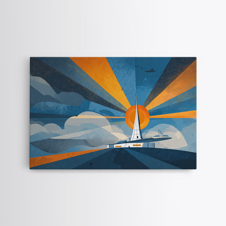 Midcentury Sailboat Sunset Wall Art, Blue Orange Ocean Rays, Retro Travel Poster, Modern Coastal Home Decor Canvas Print